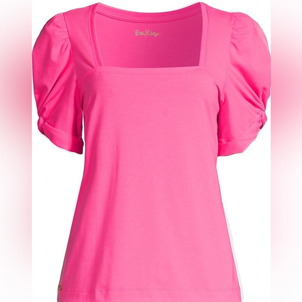 Lilly Pulitzer Square Neck Puff Sleeve Jessie Tee - cockatoo Pink nwt